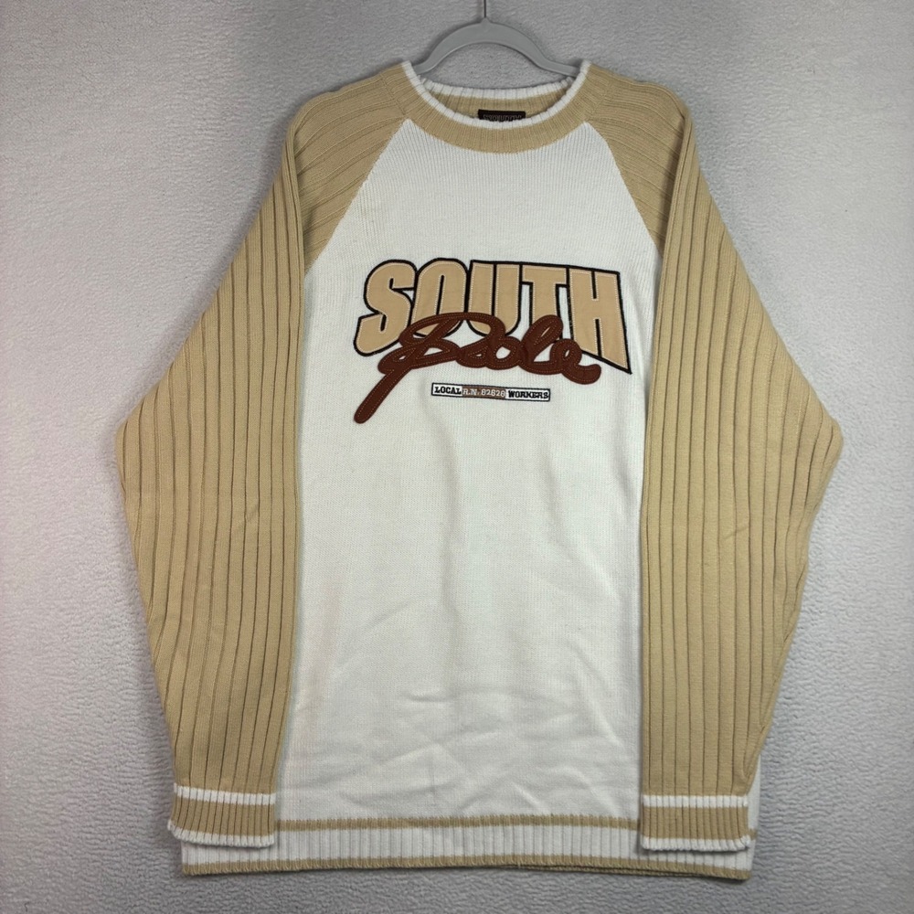 Vintage Southpole Knit Sweater Men XL White Tan Ribbed Hip Hop Streetwear 90s